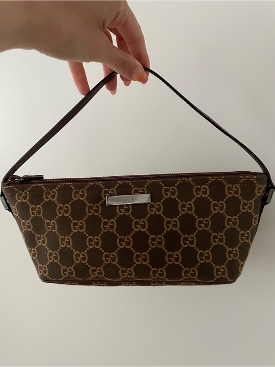 Gucci Handbags - Authentic Vintage Gucci Brown GG Canvas Top-Handle Pouch with Tan Monogram